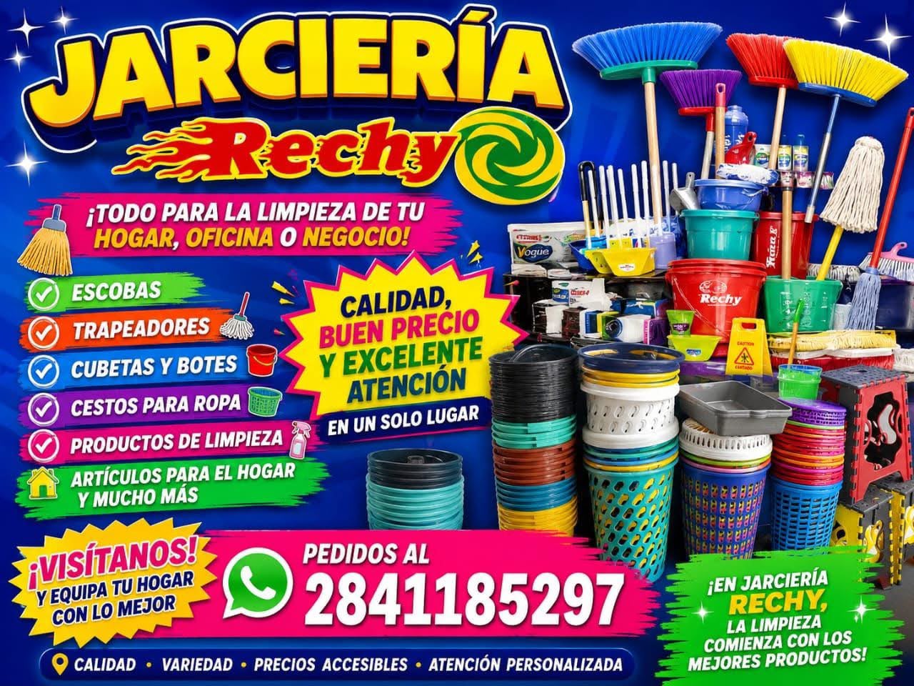 Material promocional de Jarciería Rechy con productos de limpieza, hogar y negocio