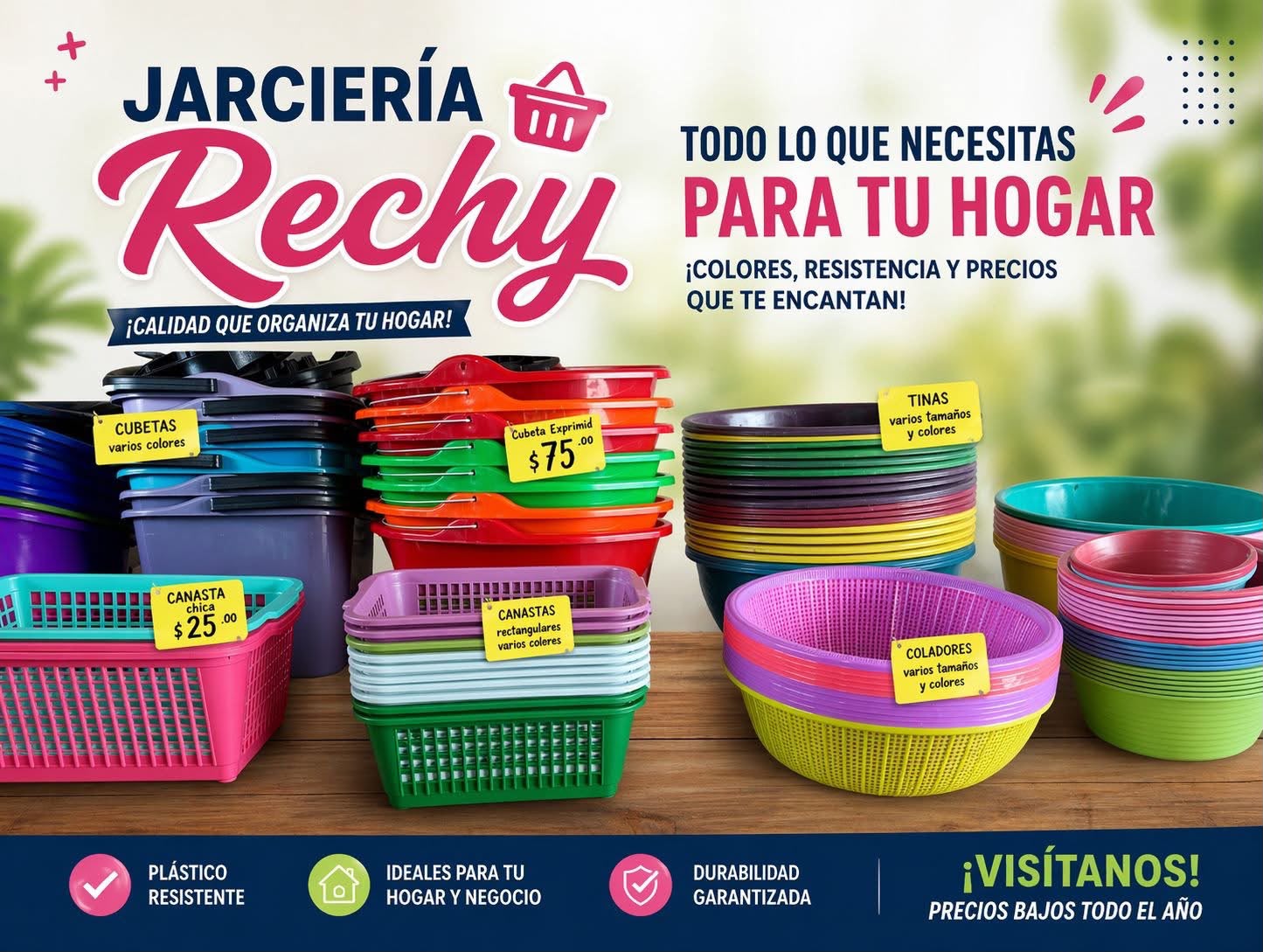 Cubetas, canastas, tinas y coladores de colores en Jarciería Rechy